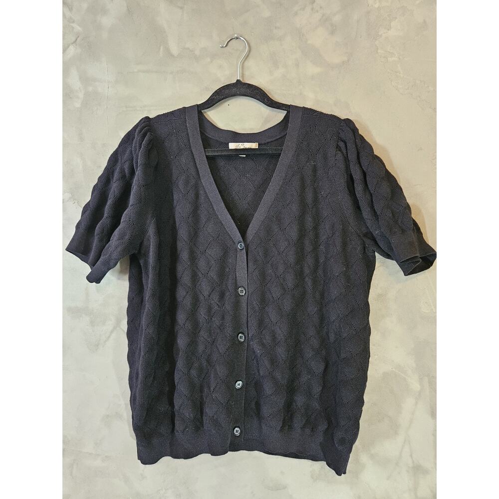 Les Serein Womens Button Front Short Sleeve V-Neck Cardigan Black 2X